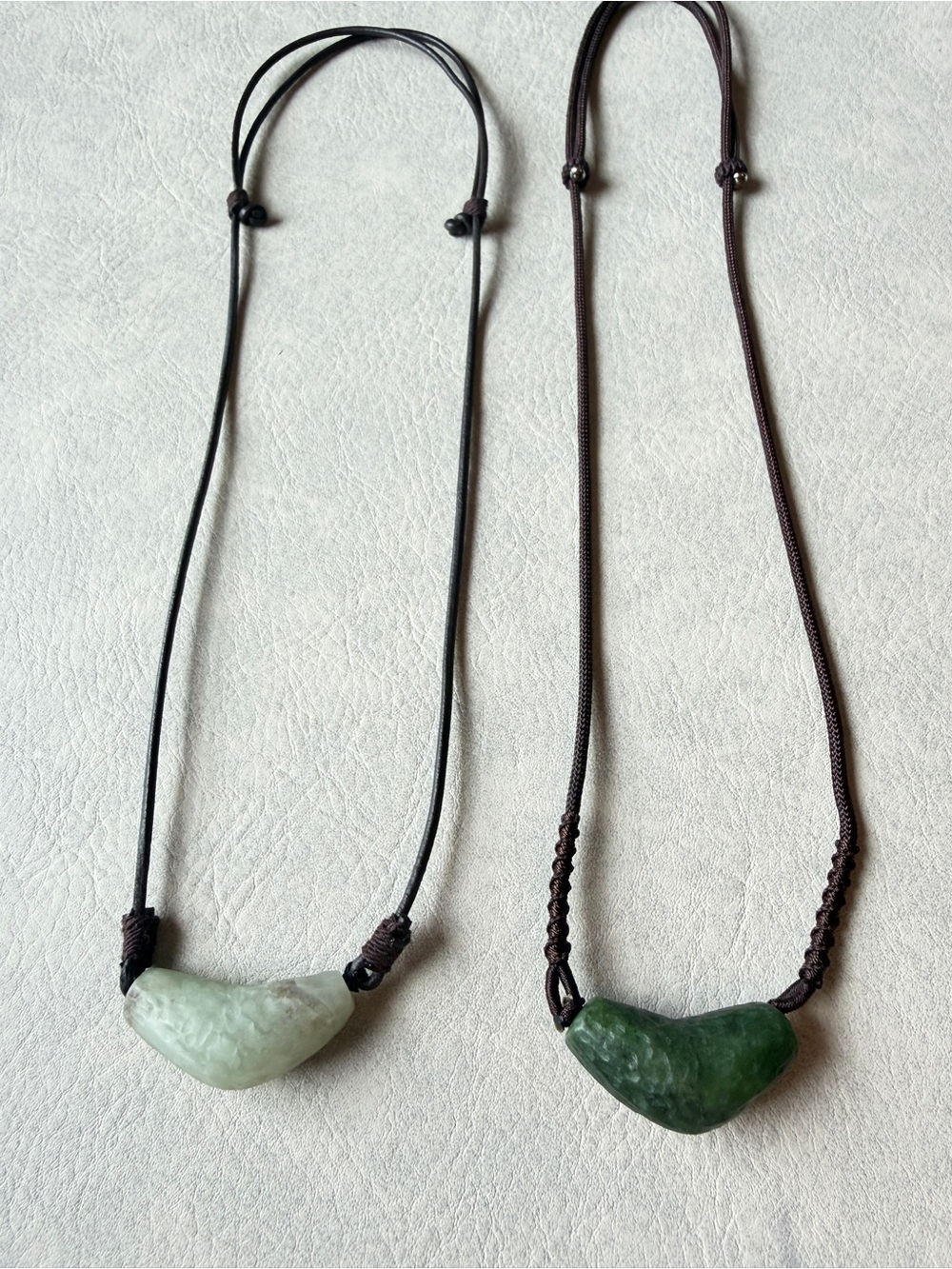 One Handmade Green White Jade Necklace, Raw Nephrite Adjustable Cord boho